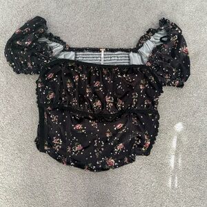 Free People Black Floral Puff Sleeve Blouse